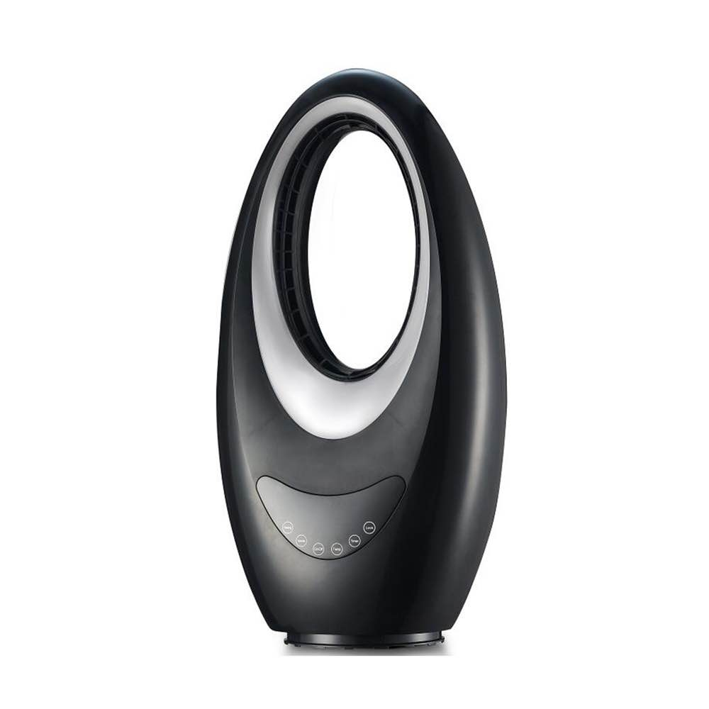 Ventilatore a torre ovale nero con finiture argentate e pulsanti di controllo.