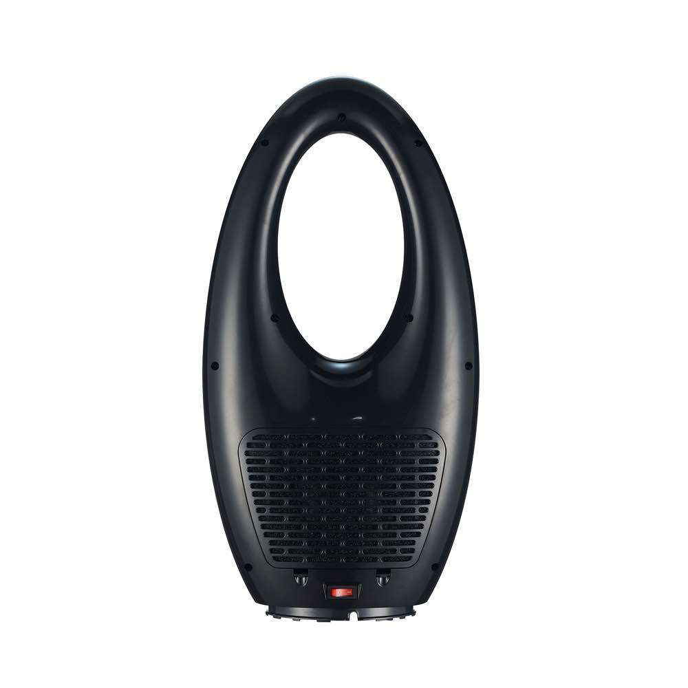 Un termoventilatore elettrico nero a forma ovale. Il pulsante di accensione è in basso.