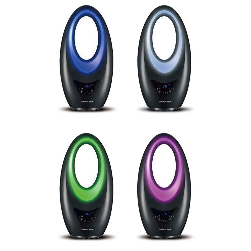 Quattro purificatori d'aria con anelli luminosi di diversi colori: blu, azzurro, verde e viola.