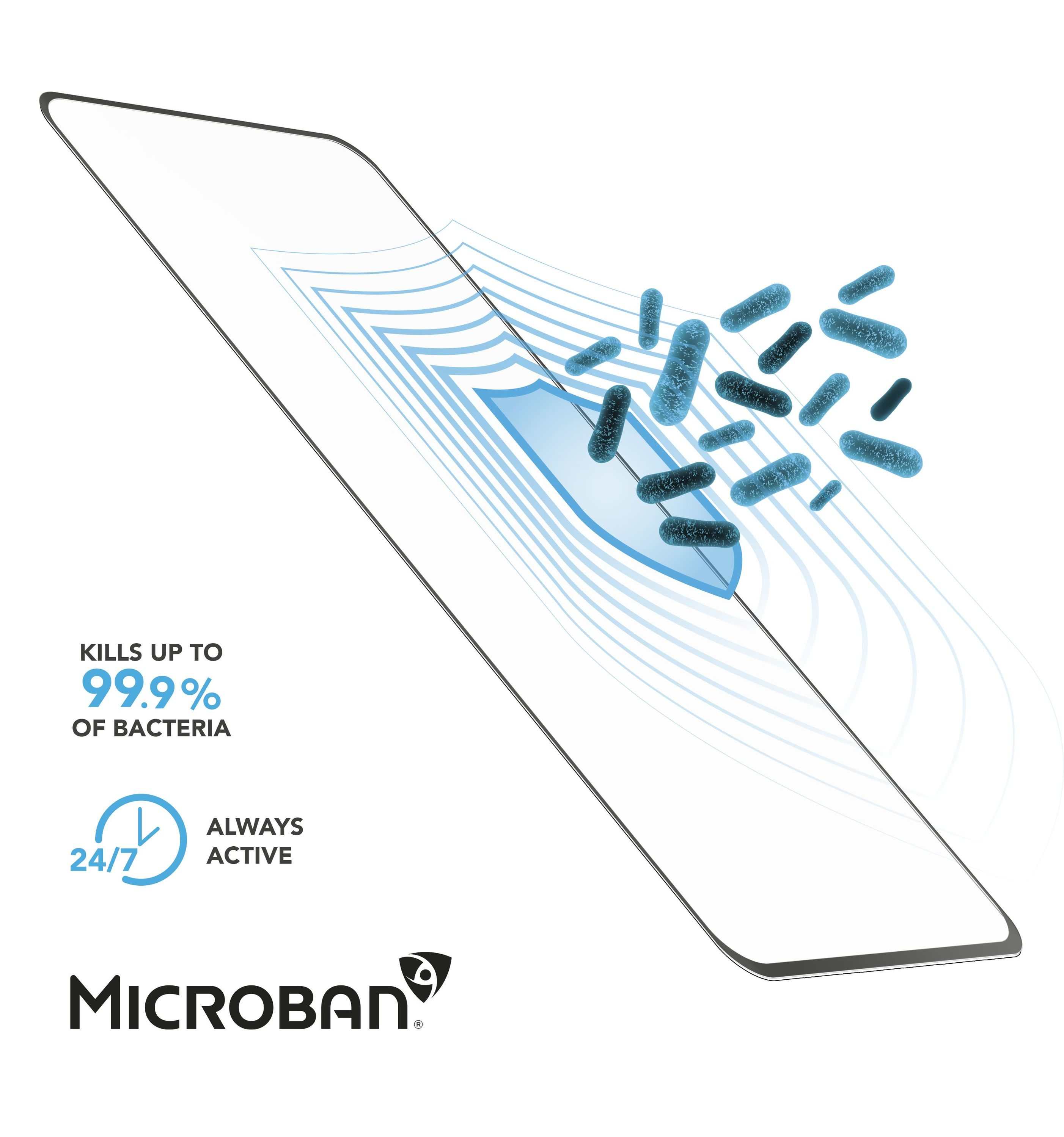 Protezione schermo su un telefono, mostra batteri uccisi con un grafico scudo.
