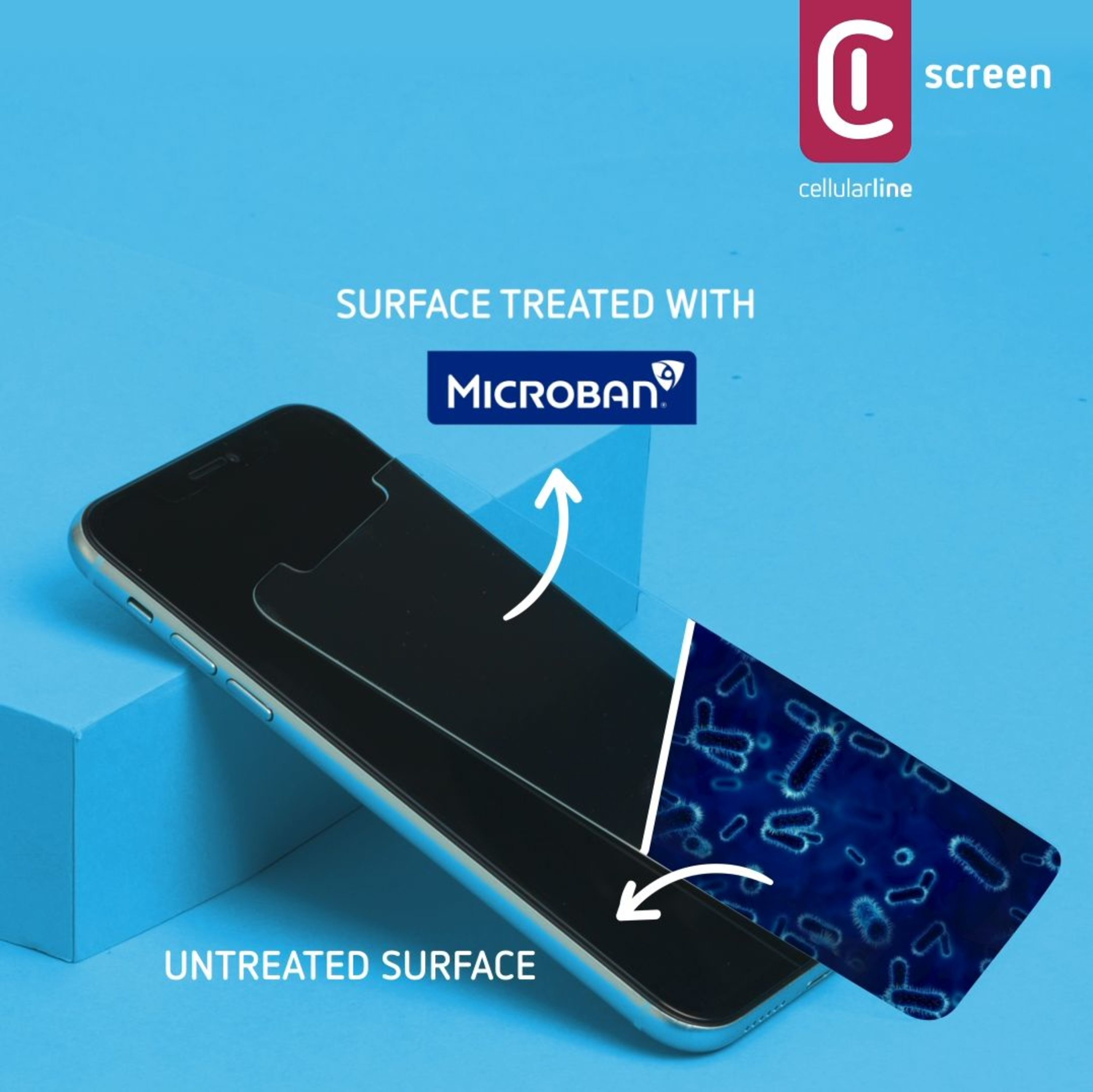 Telefono con protezione schermo. La protezione ha uno sfondo blu con batteri.