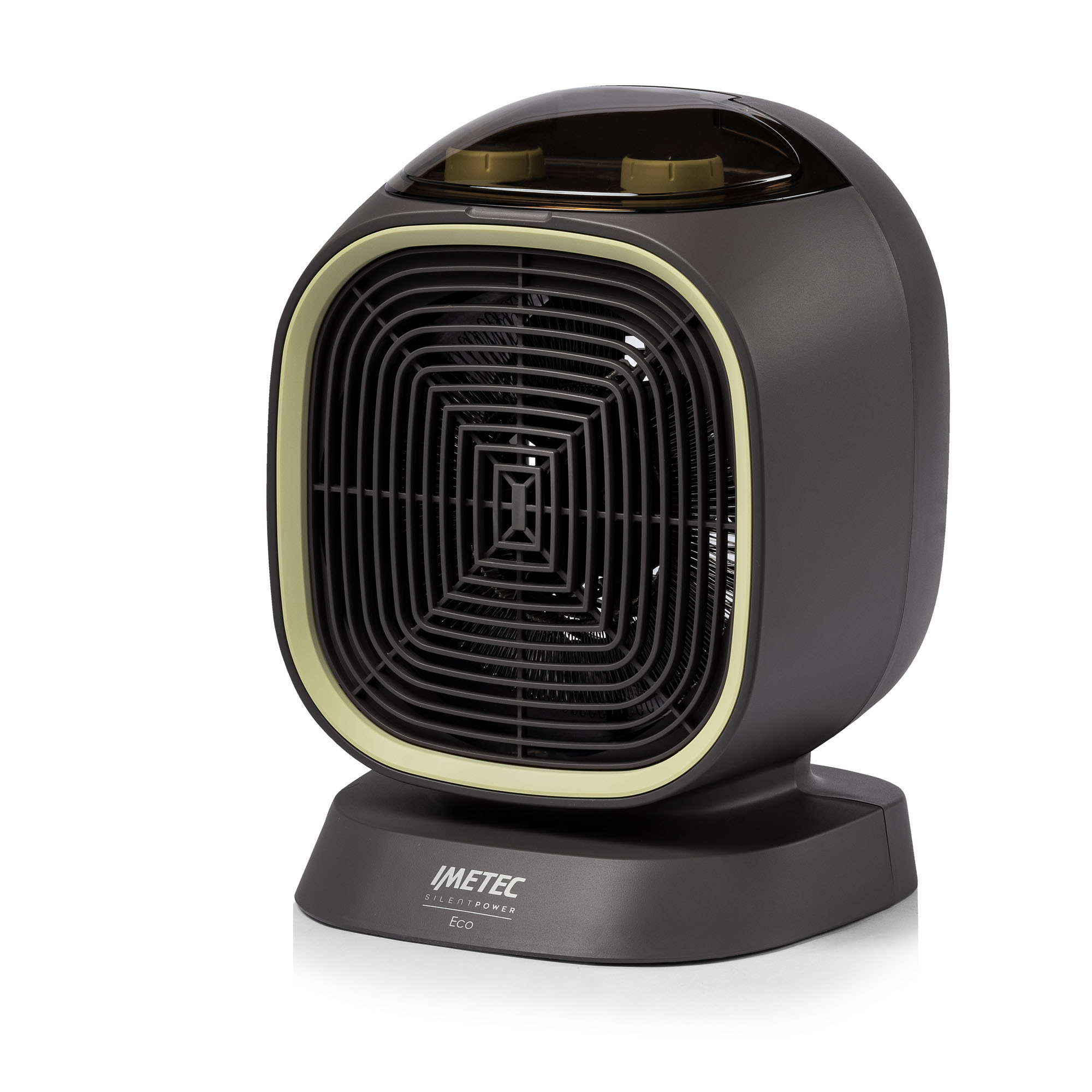 Ciemnoszary grzejnik Immetec Silent Power Eco z czarnym grillem, białe tło.