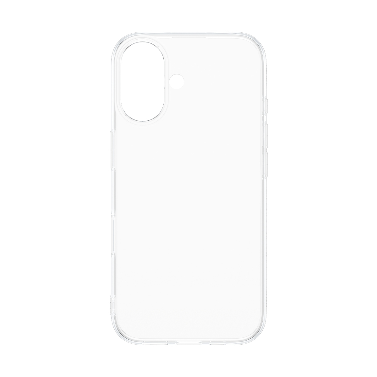 Funda transparente para teléfono sobre fondo blanco. La funda tiene recortes para cámara y botones.