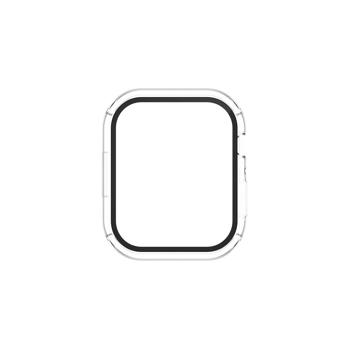 Clear, square screen protector with black border, for a smartwatch.