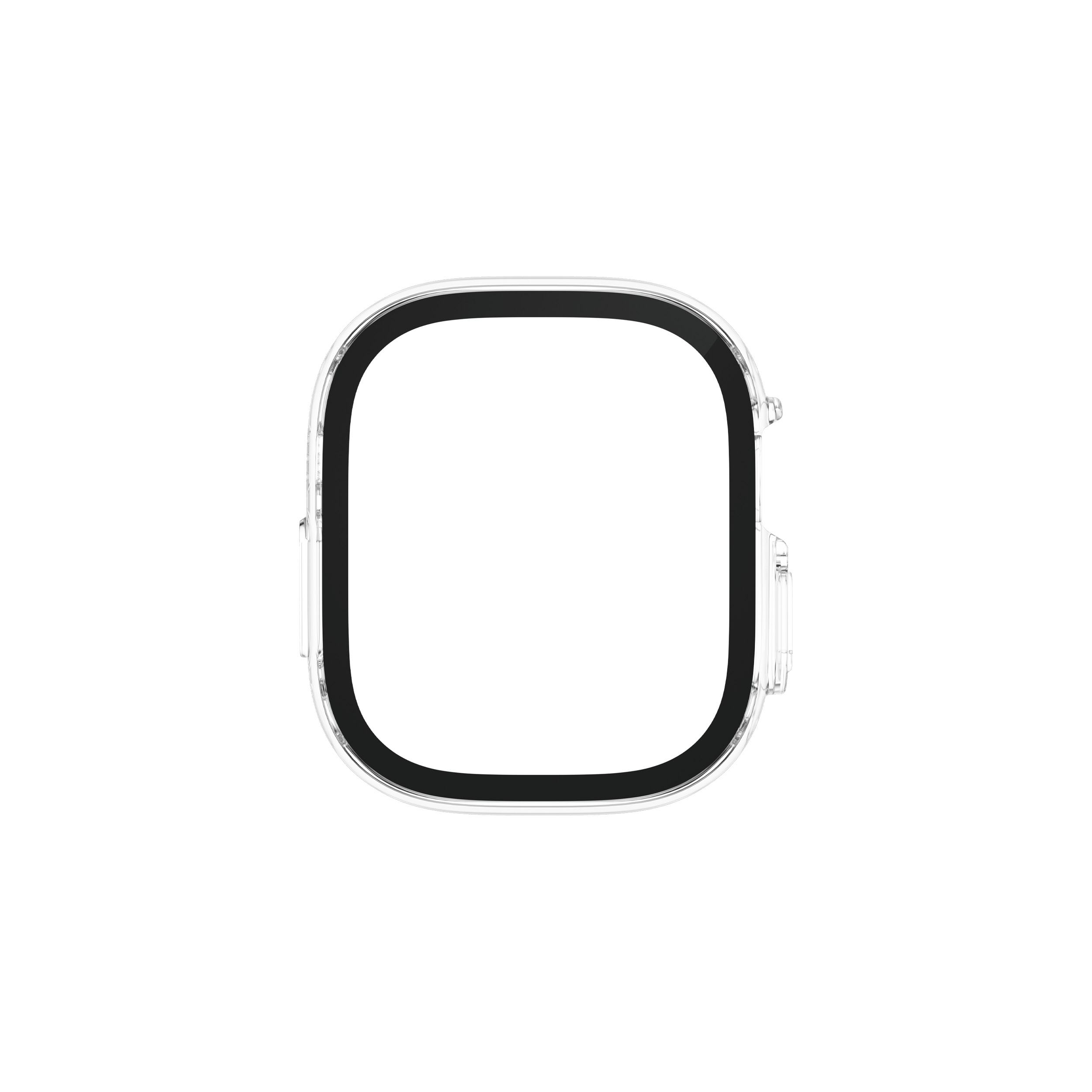 A transparent, square-cornered protector for a watch, with a black interior border, against white.