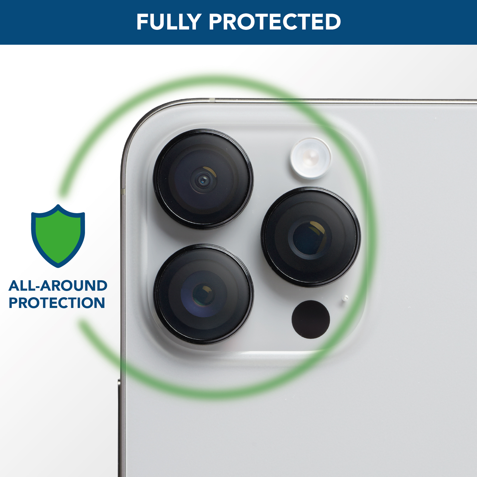 Primer plano de las lentes de la cámara de un teléfono. Un círculo verde indica protección total.