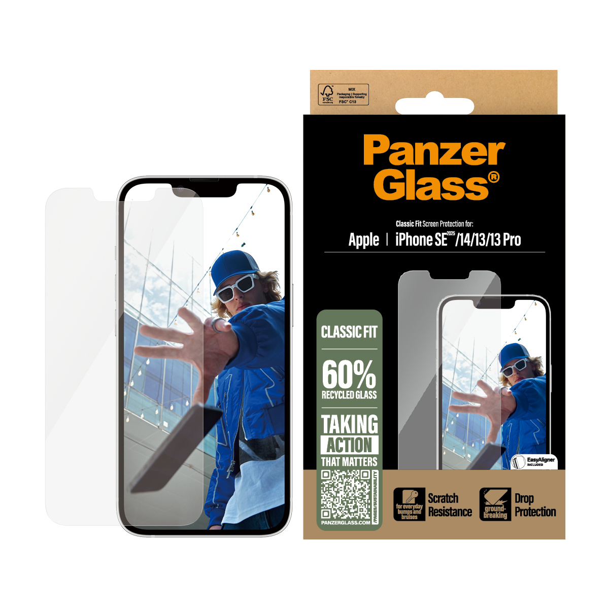 Een telefoonbeschermerbox met een telefoon op de doos. Het toont een man met zonnebril.