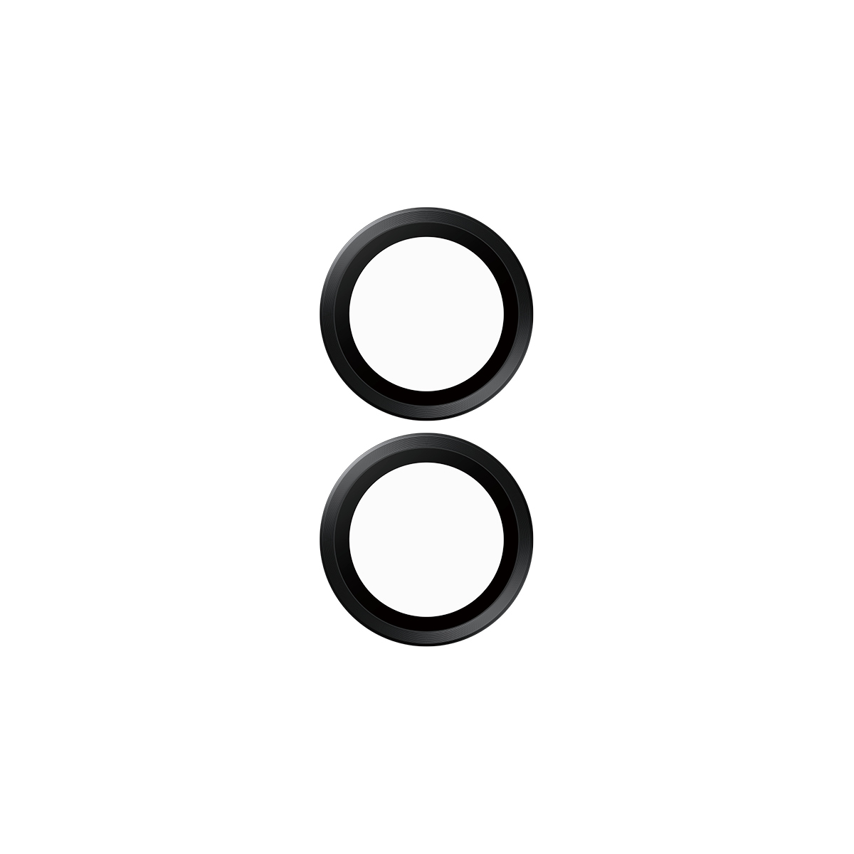 Deux protections d'objectif d'appareil photo circulaires noires, placées l'une au-dessus de l'autre sur fond blanc.