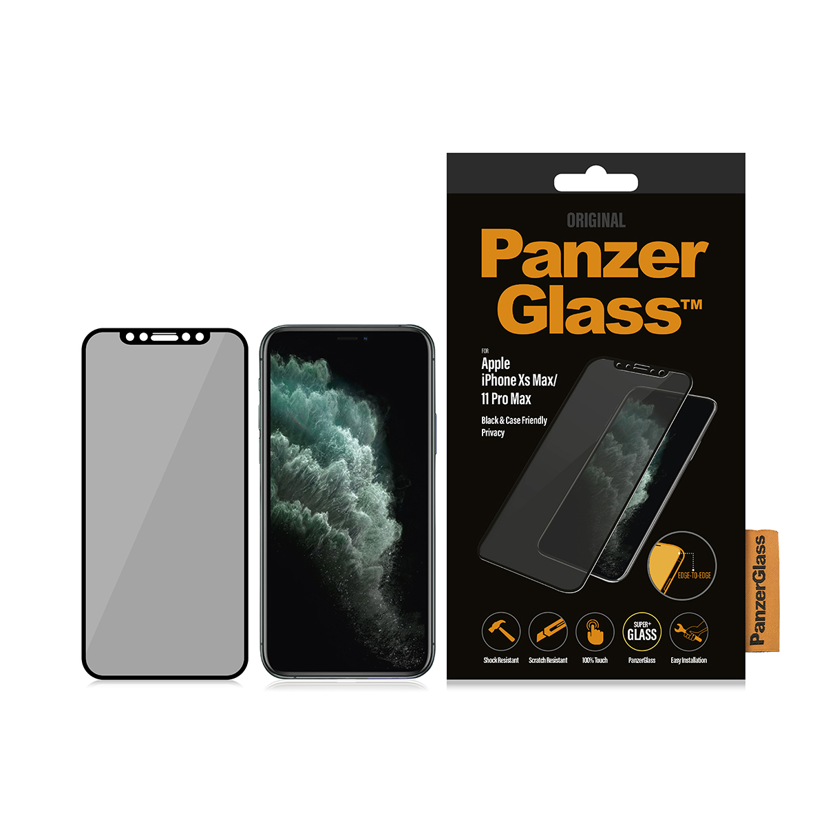 Pudełko PanzerGlass z telefonem i folią ochronną do Apple iPhone Xs Max/11 Pro Max.