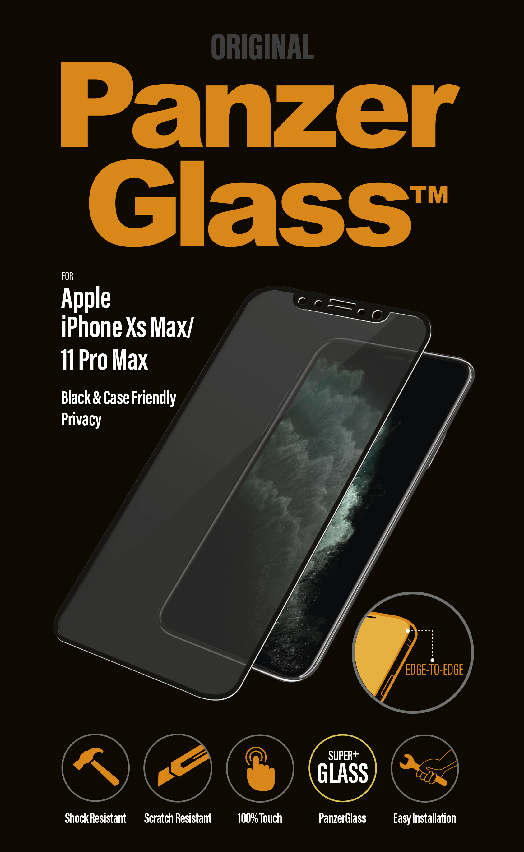 Pudełko PanzerGlass z telefonem i folią ochronną do Apple iPhone Xs Max/11 Pro Max.
