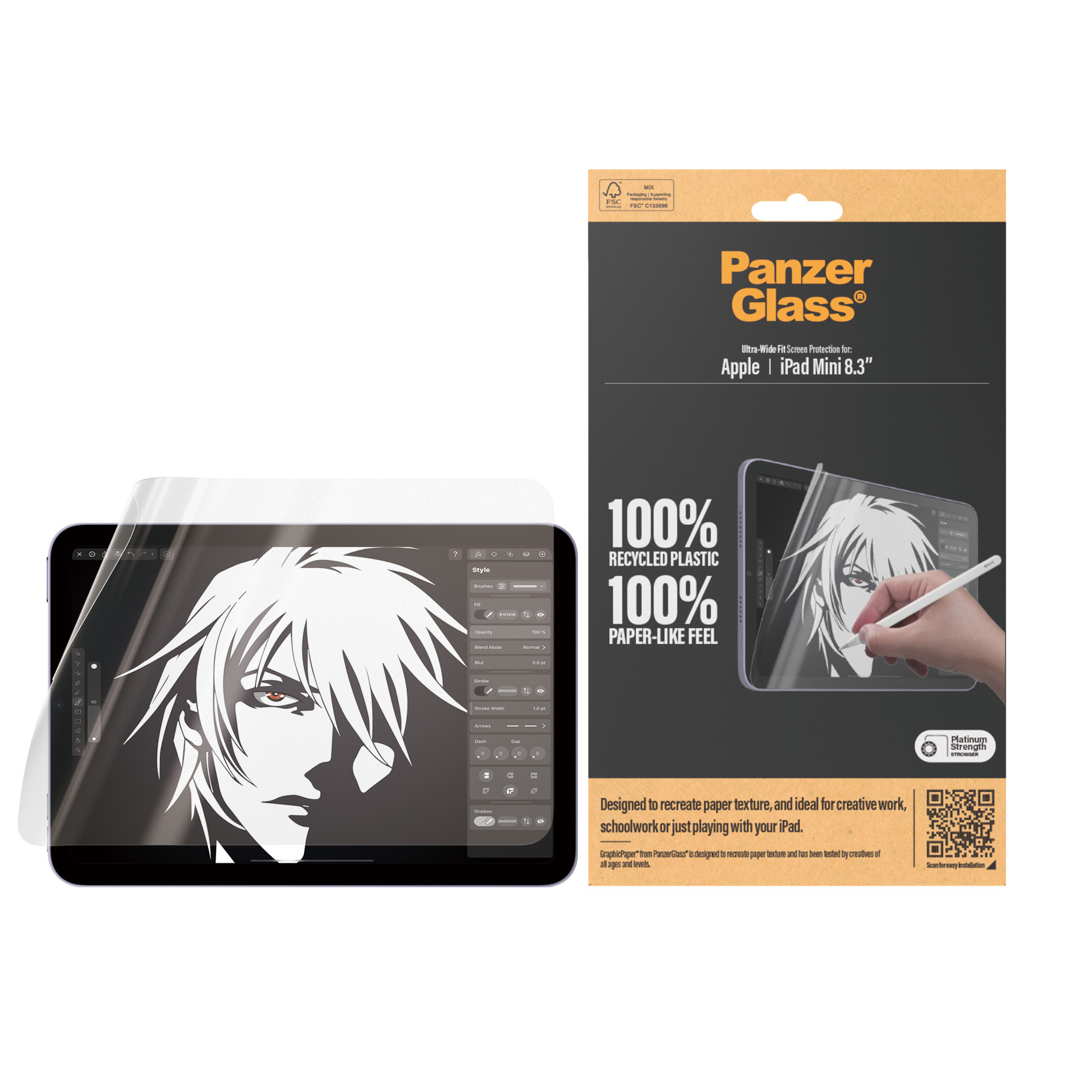 iPad Mini con protezione schermo PanzerGlass e confezione, una persona che disegna.