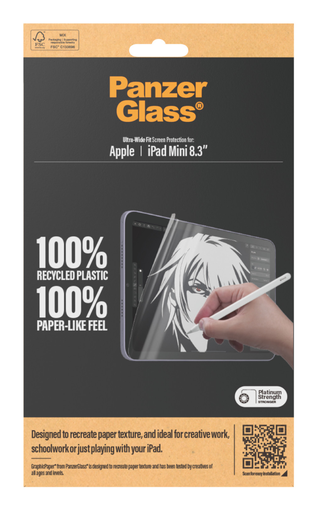 Confezione PanzerGlass con un iPad Mini e una persona che disegna sul suo schermo.