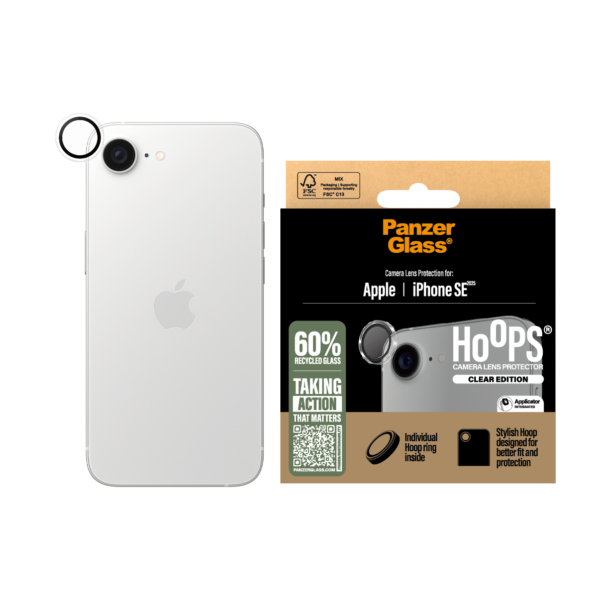 iPhone SE bianco con scatola protezione lente fotocamera, mostra telefono e prodotto Panzer Glass.