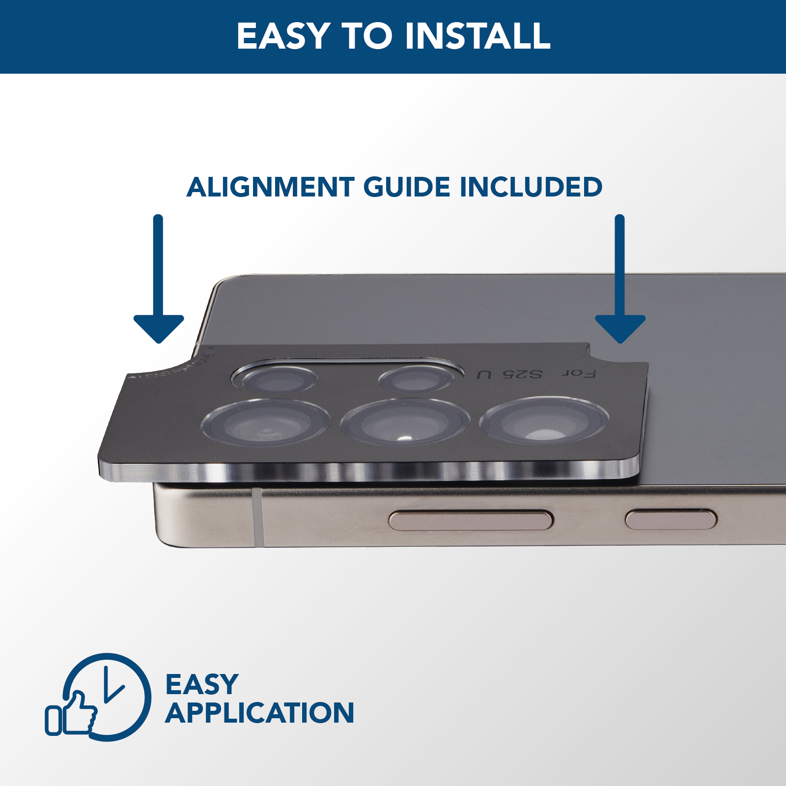 Telefon z nakładanym ochraniaczem aparatu. Pokazuje prowadnicę wyrównującą i tekst łatwej aplikacji.