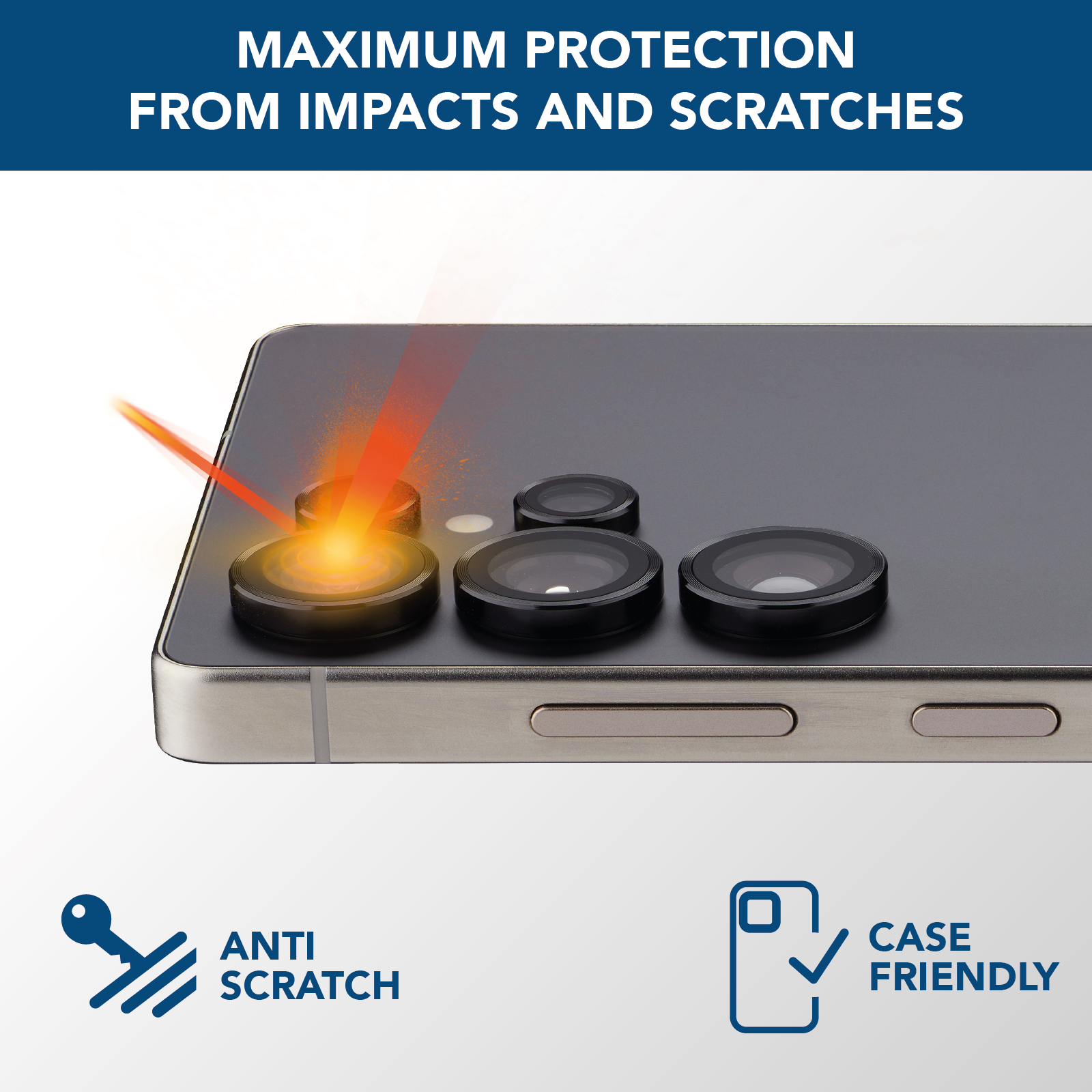 Telefon z nałożoną osłoną aparatu. Efekt czerwonego światła. Odporny na zarysowania i przyjazny dla etui.