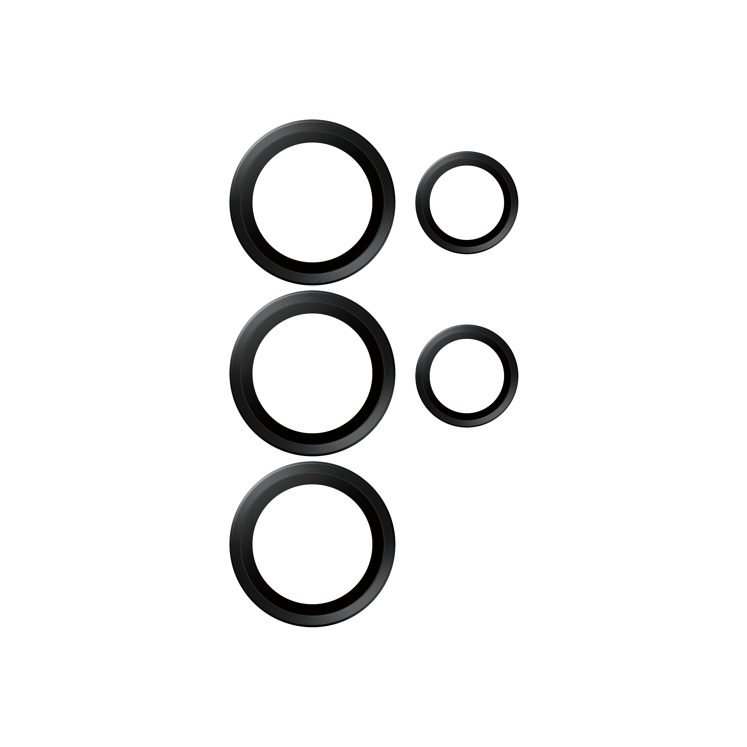 Protezioni per lenti della fotocamera multiple. Le protezioni sono nere con finiture argentate.