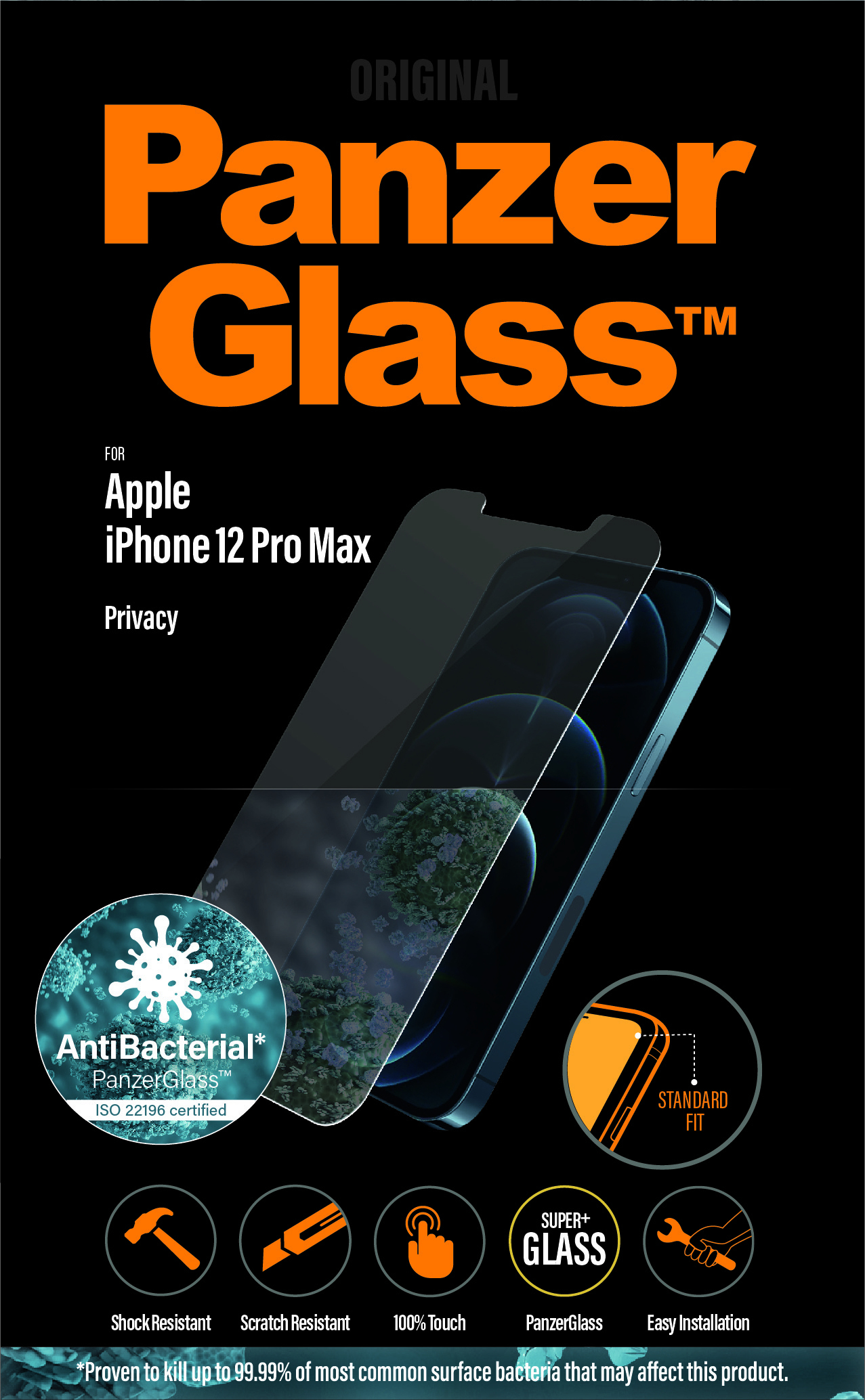Sfondo nero con confezione di protezione schermo per telefono. Il testo include PanzerGlass e Antibatterico.