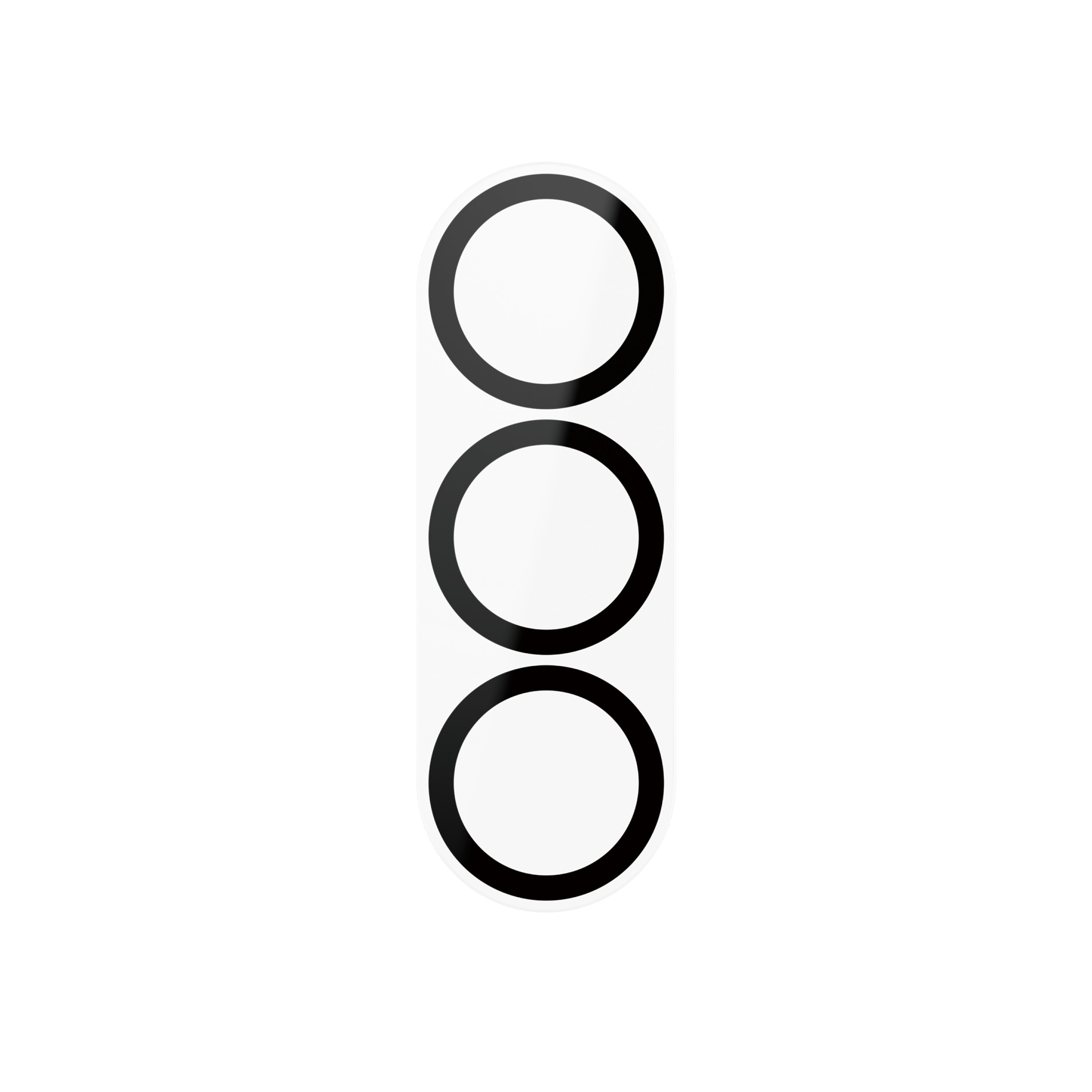 Tre protezioni per lenti della fotocamera nere disposte verticalmente su sfondo bianco.