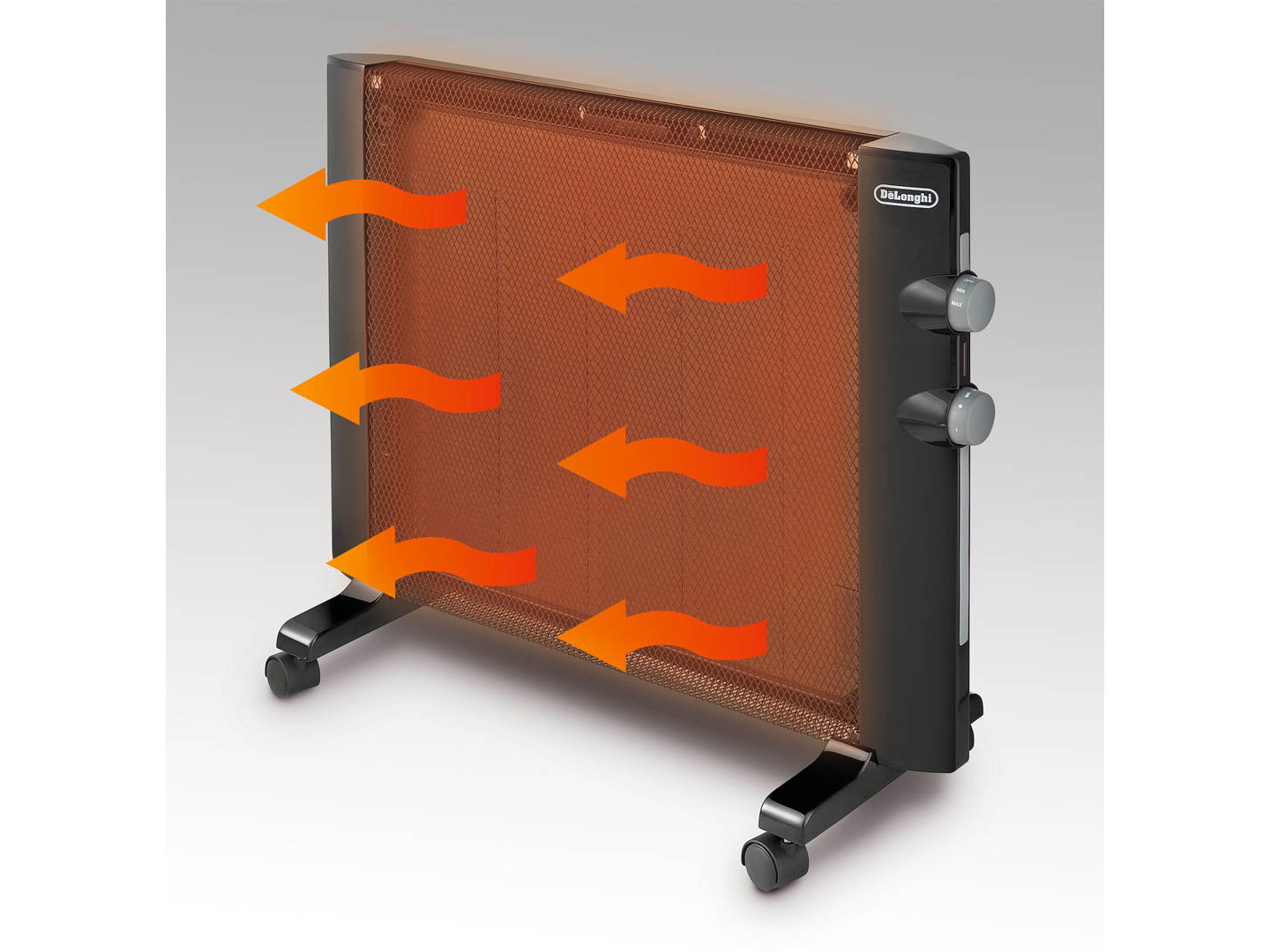 Czarny i brązowy grzejnik elektryczny ze strzałkami wskazującymi przepływ ciepła.