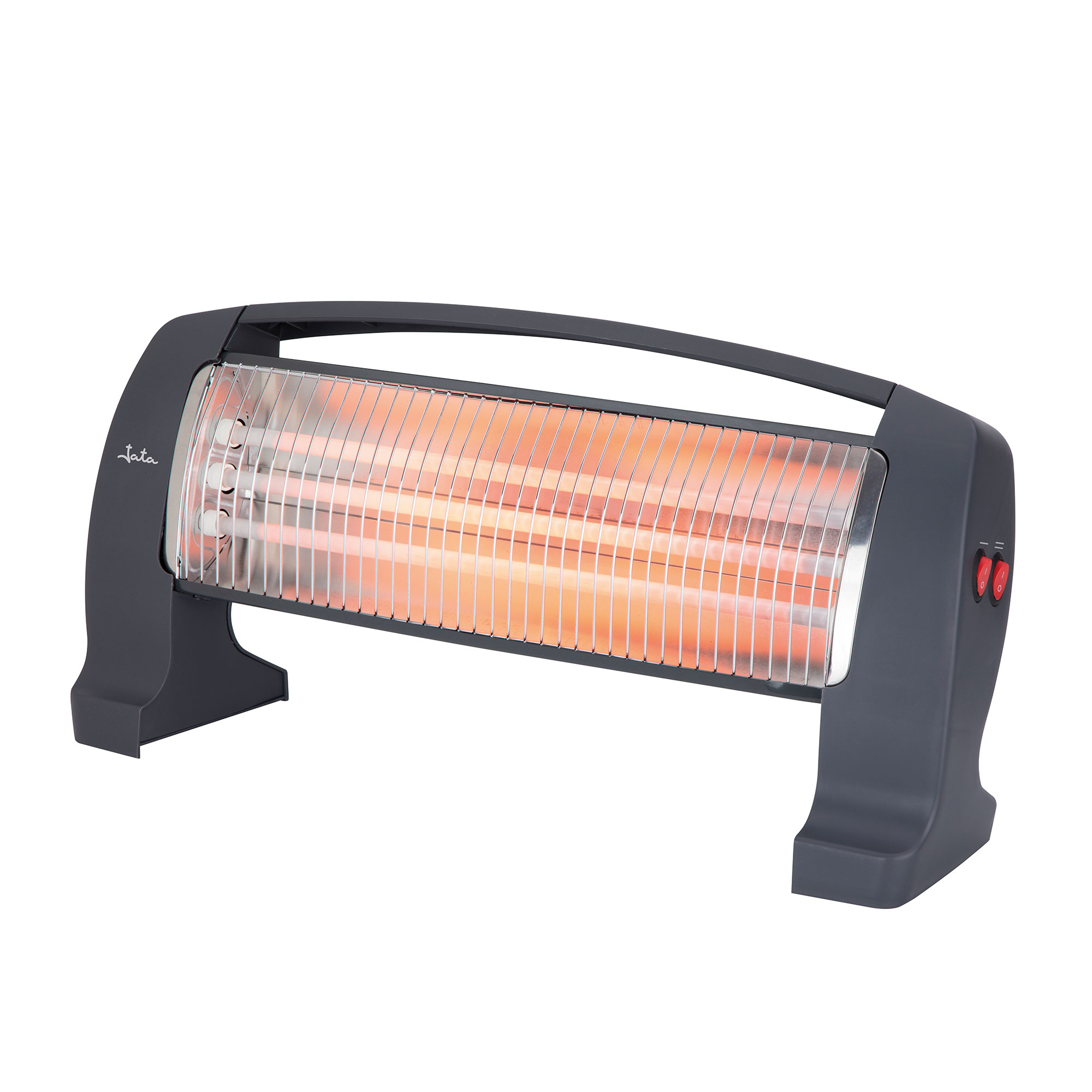 Un calefactor eléctrico gris oscuro con asa y botones rojos.