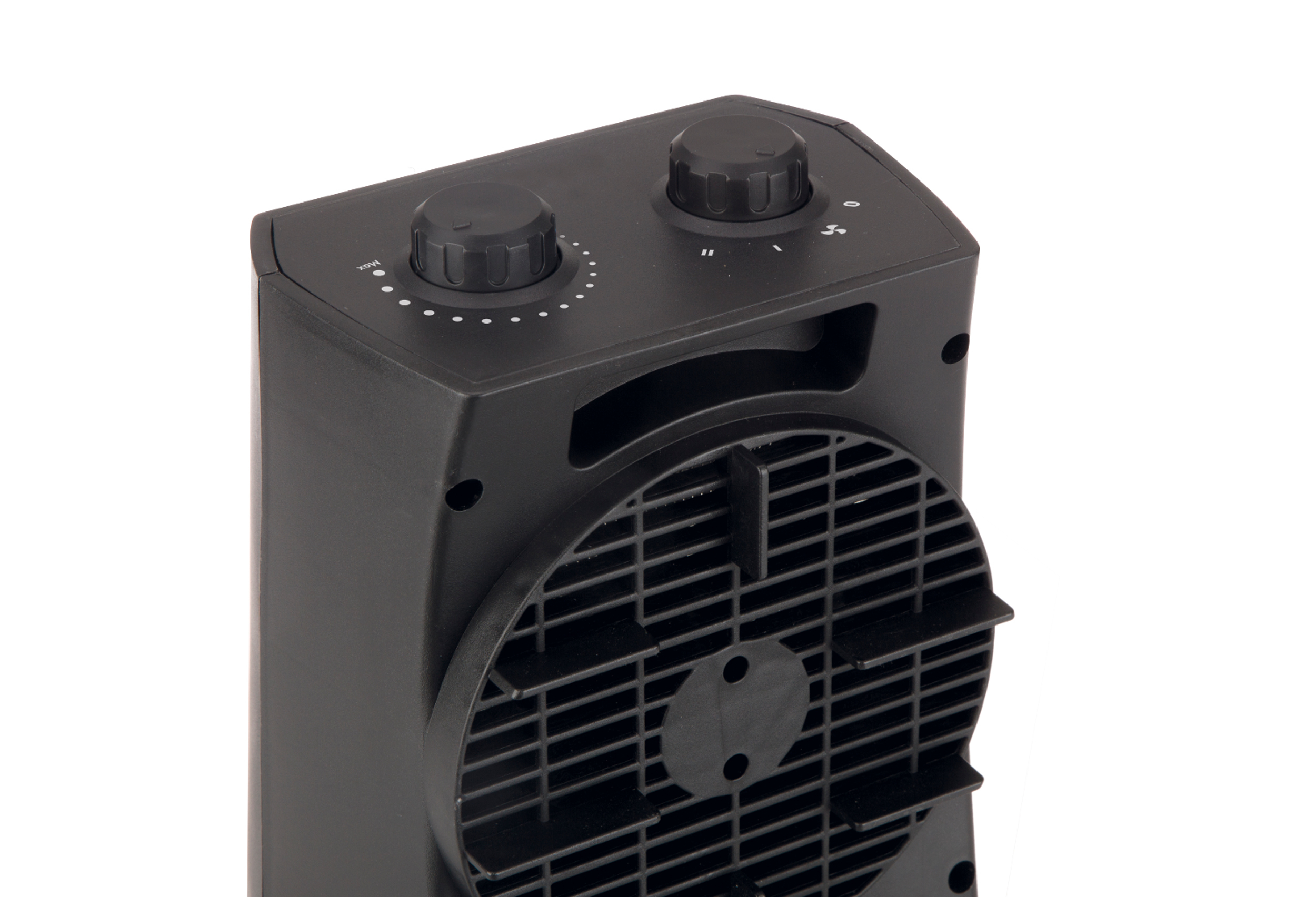 Czarny grzejnik. Dwa pokrętła na górze. Kratka wentylatora z przodu, czarny korpus.