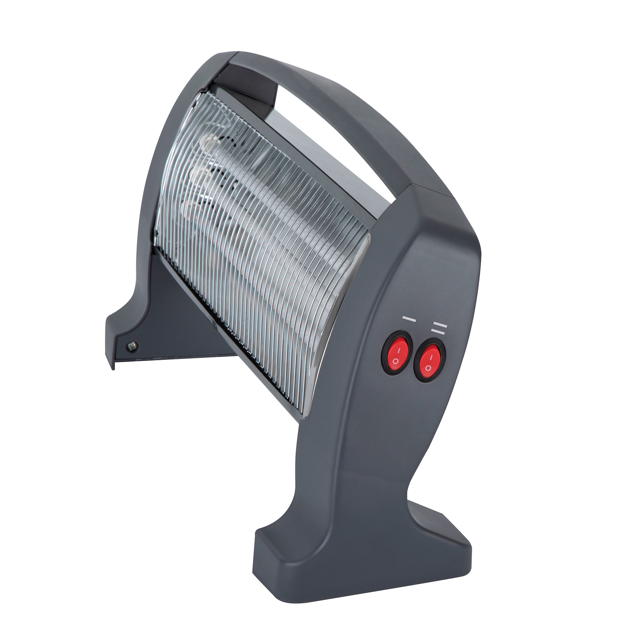 Calentador eléctrico gris con botones de control rojos. Cuenta con asa y rejilla protectora.
