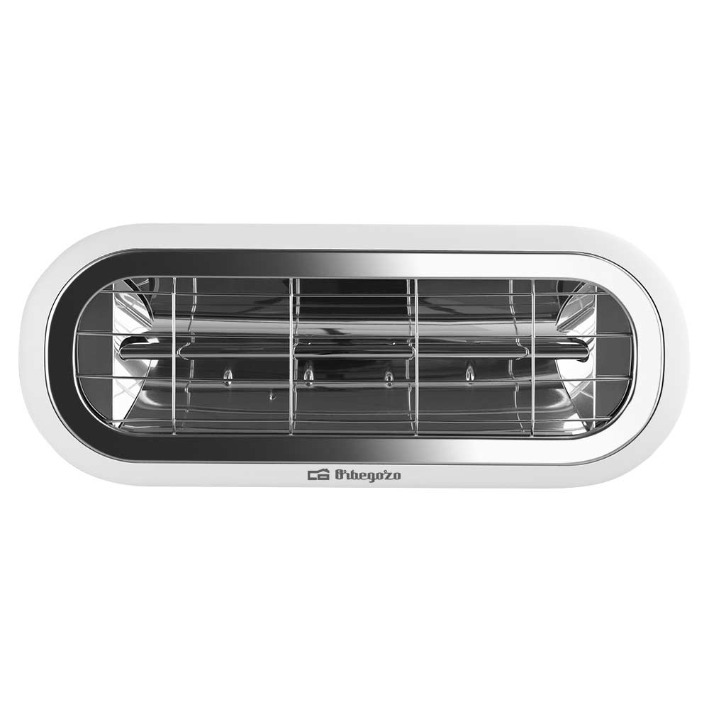 Biała, prostokątna oprawa oświetleniowa z chromowaną ramką i poziomymi prętami metalowymi.