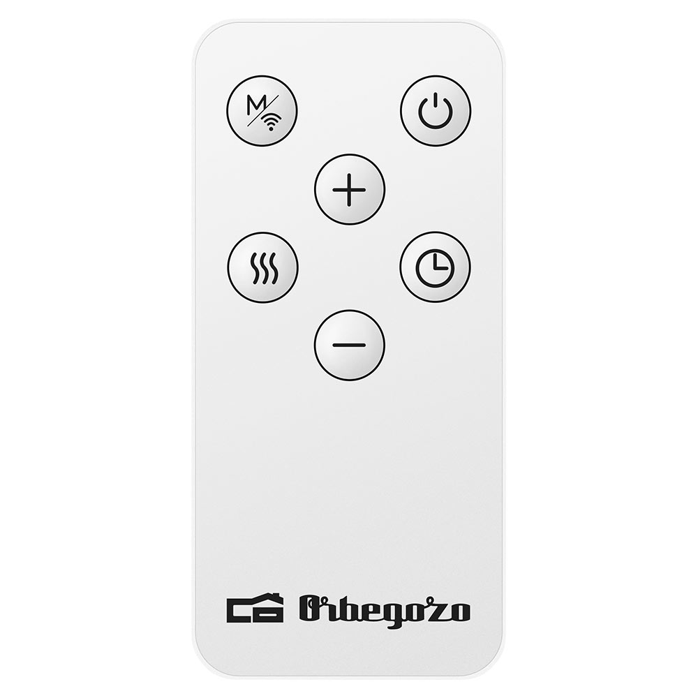 Biały pilot z przyciskami zasilania, trybu, temperatury i timera, z logo.