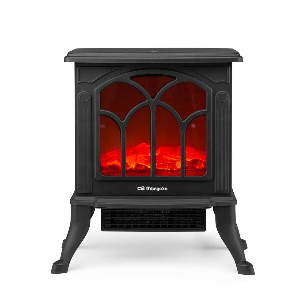 Caminetto elettrico nero con fiamme rosse. Caratterizzato da un design decorativo.