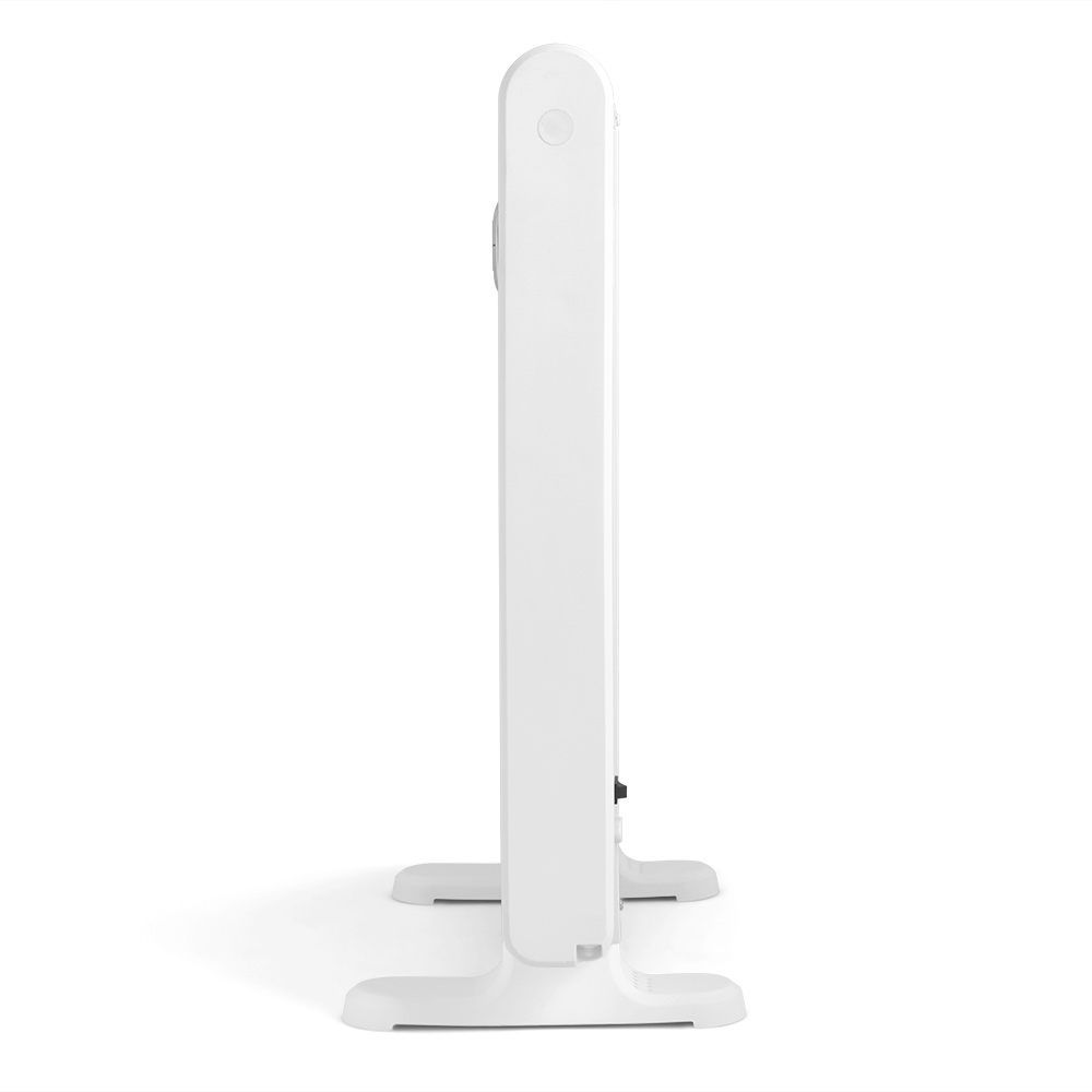 Biały grzejnik elektryczny, widok z boku, z panelem sterowania i nóżkami.