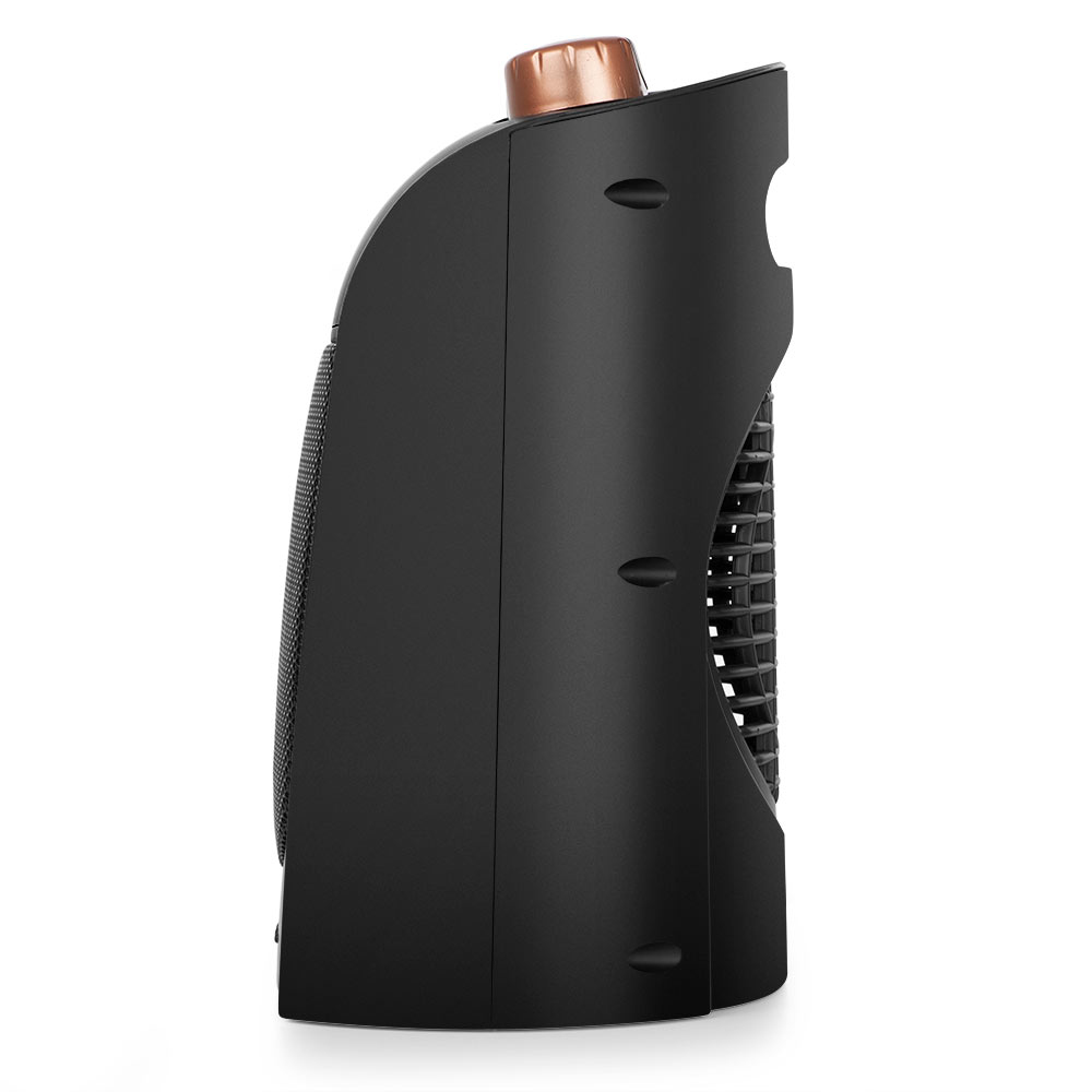 Czarny grzejnik przenośny, widok z boku, z pokrętłem na górze i kratką z boku.