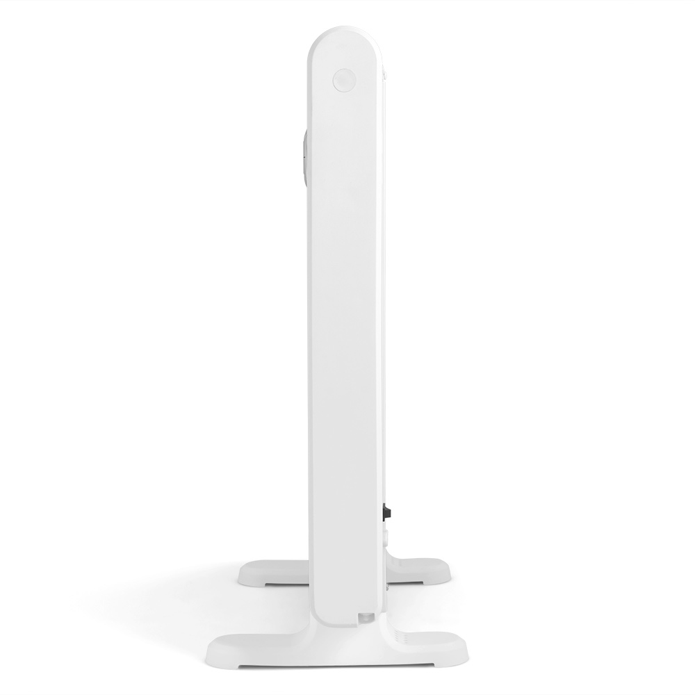 Biały grzejnik elektryczny z panelem sterowania na górze.