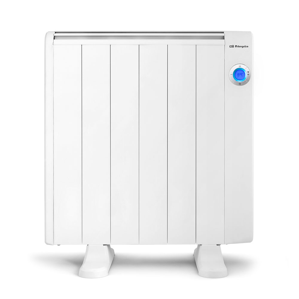 Biały grzejnik elektryczny z wyświetlaczem cyfrowym i podstawą.