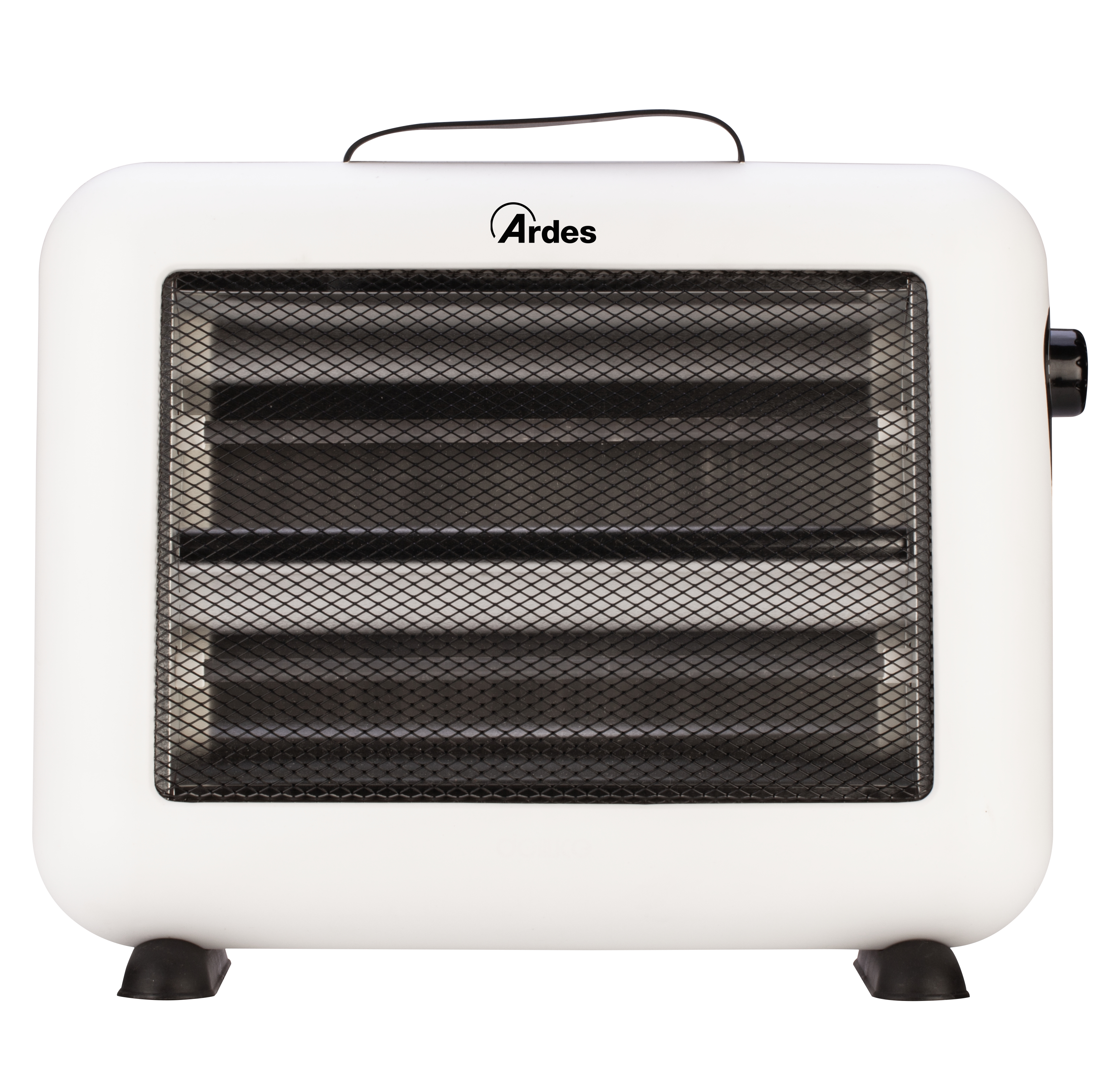 Biały grzejnik elektryczny z czarnym przodem z siatki. Posiada uchwyt na górze.
