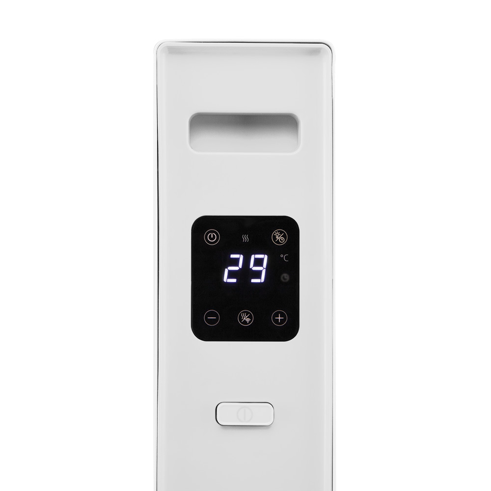 Biały panel sterowania grzejnikiem. Wyświetla temperaturę 29°C, z przyciskami zasilania i ustawień.