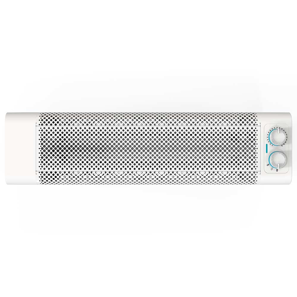 Weißer, langer, rechteckiger Elektroheizer mit perforiertem Metallgitter.
