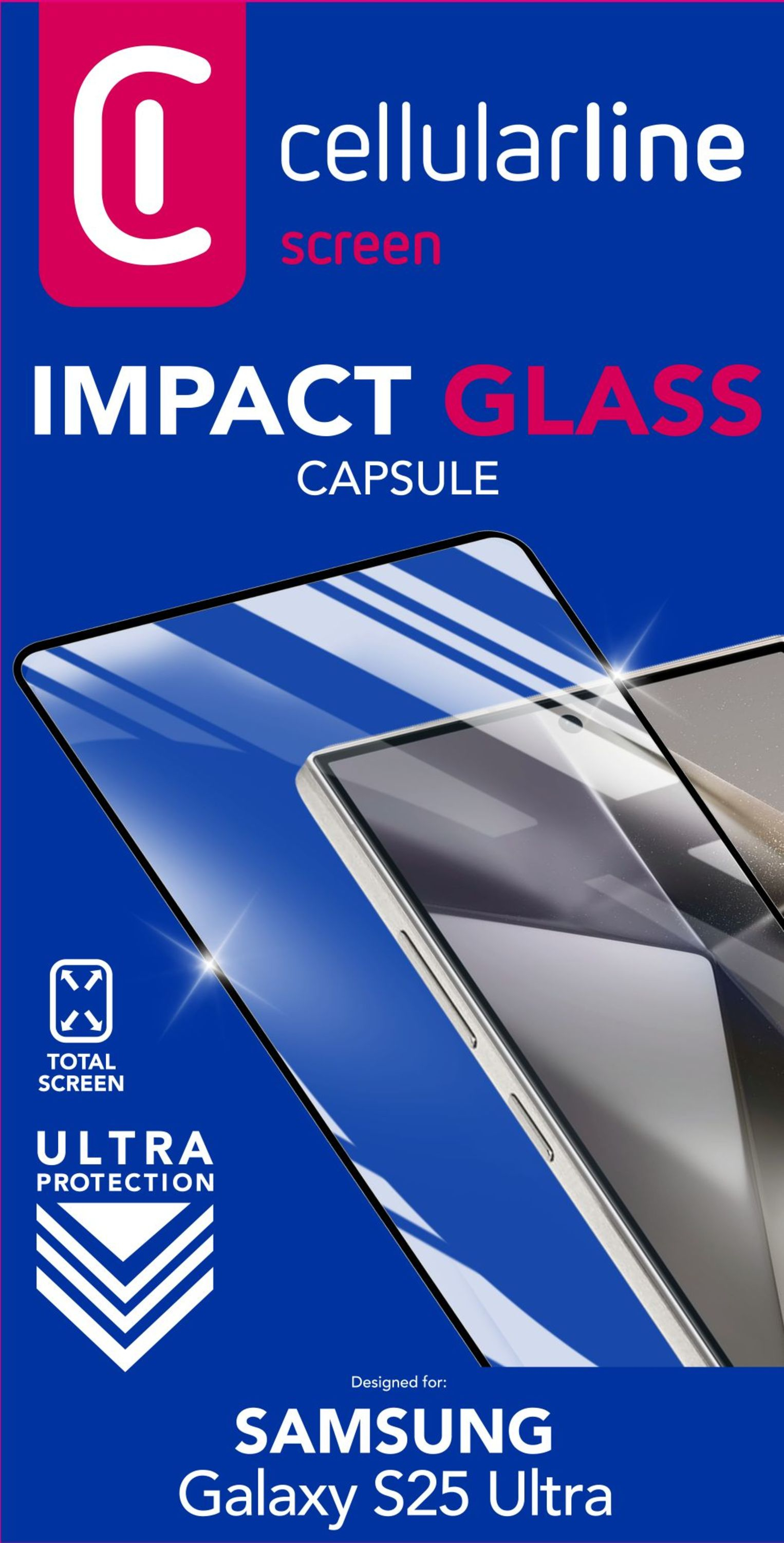 Pellicola protettiva su un telefono. Il testo recita Impact Glass per Samsung Galaxy S25 Ultra.