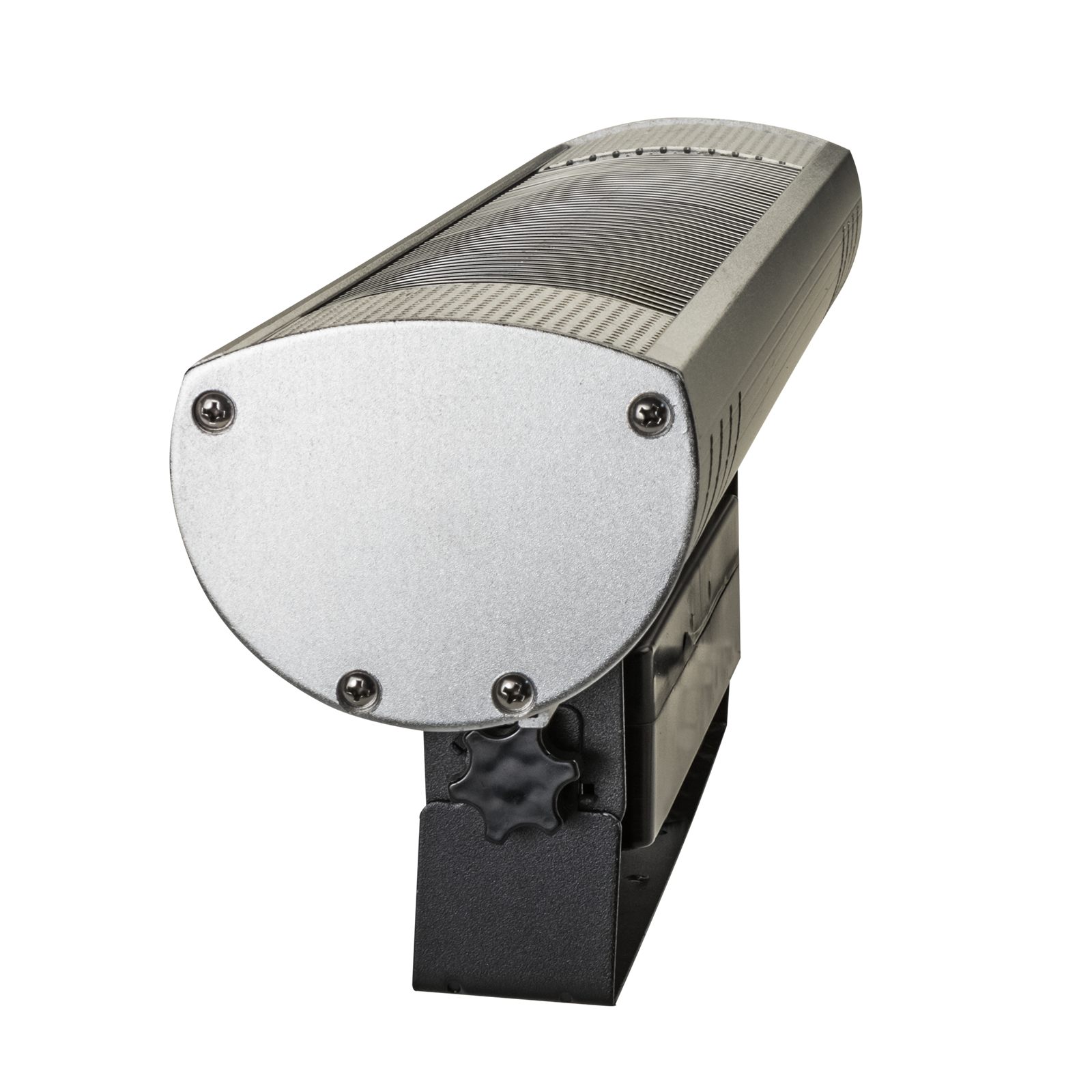 Srebrno-czarny grzejnik z regulowaną podstawą, widok z kąta, białe tło.