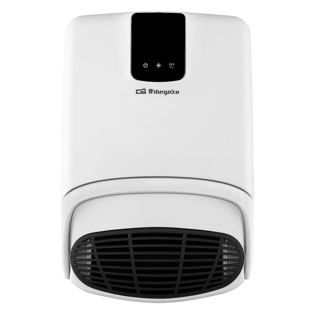 Biały grzejnik Orbegozo. Na górze znajdują się elementy sterujące. Na dole czarny grill.