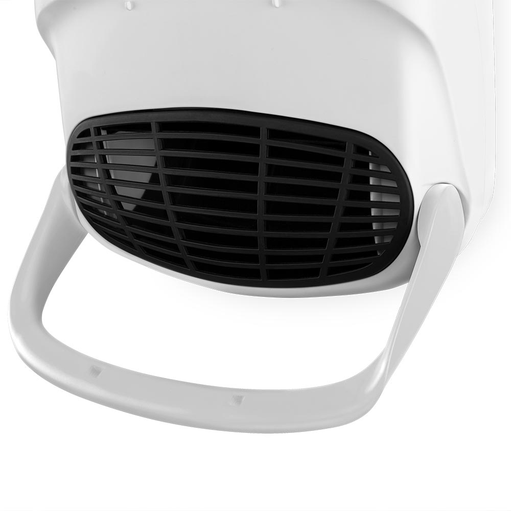 Biały grzejnik z czarnym otworem wentylacyjnym i uchwytem.