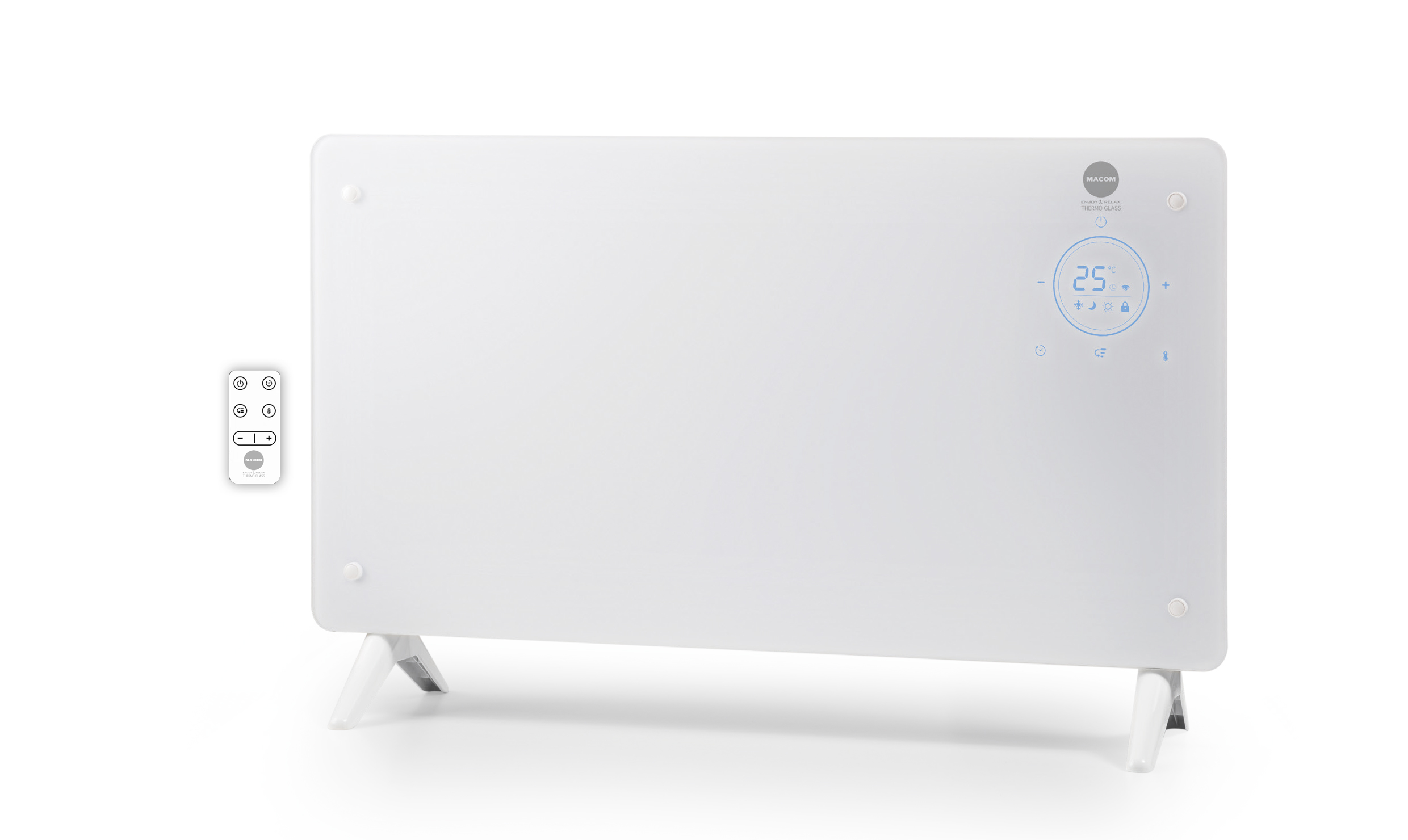Biały grzejnik elektryczny z wyświetlaczem i pilotem, na białym tle.
