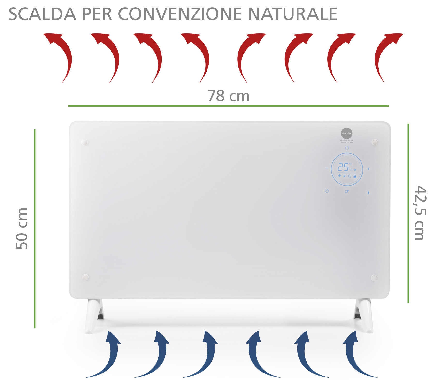 Biały grzejnik z wyświetlaczem cyfrowym i strzałkami. Wymiary w cm są zaznaczone.