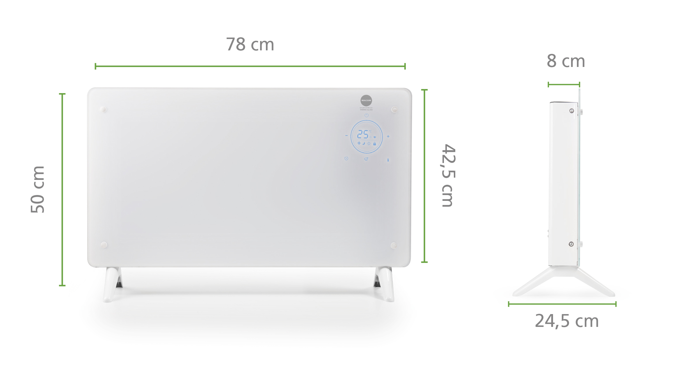 Biały grzejnik panelowy z wymiarami w kolorze zielonym. Białe tło.