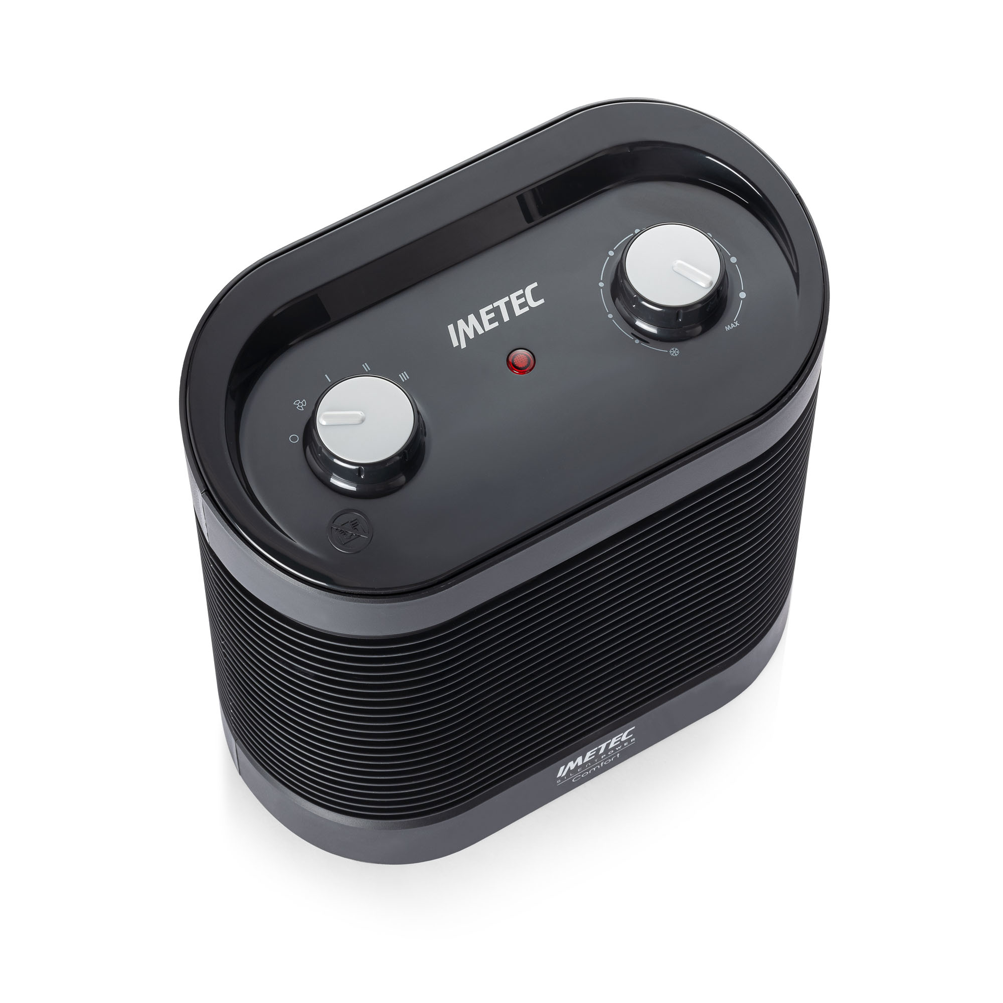 Czarny grzejnik Immetec, widok z góry, z pokrętłami i czerwoną lampką kontrolną.