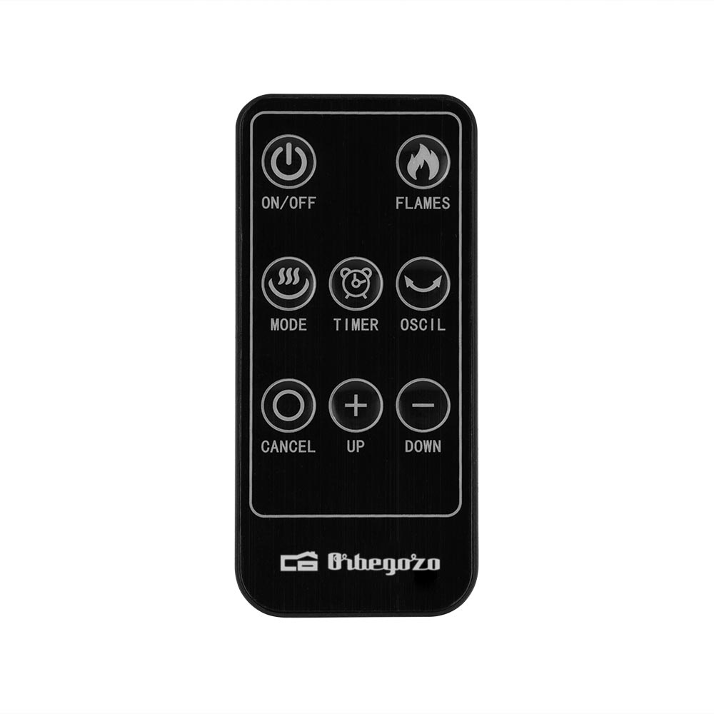 Czarny pilot z przyciskami zasilania, płomieni, trybu, timera i innych funkcji.