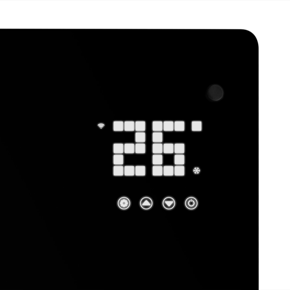 Czarny wyświetlacz cyfrowy pokazujący 26 i inne ikony na czarnym tle.