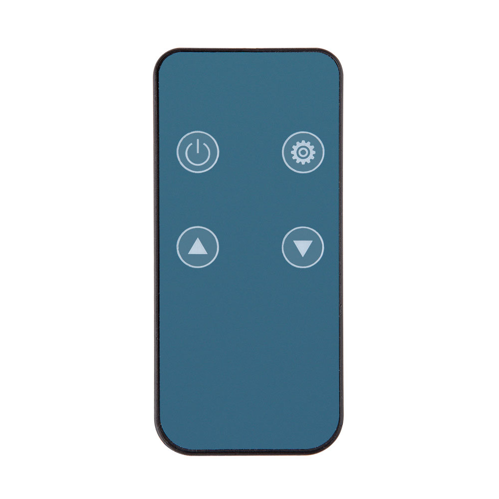 Niebieski pilot z czterema przyciskami: zasilanie, ustawienia, strzałki w górę/dół, na białym tle.