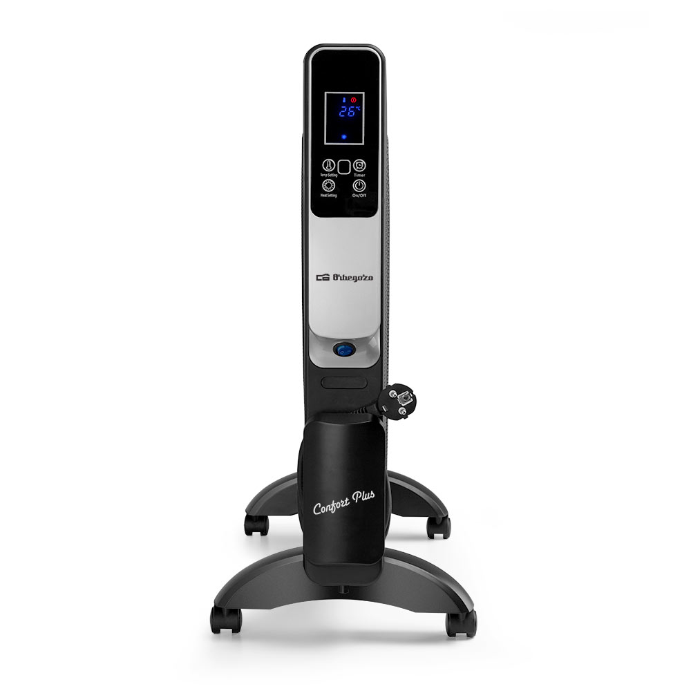 Czarny i srebrny grzejnik elektryczny z wyświetlaczem cyfrowym i kółkami.