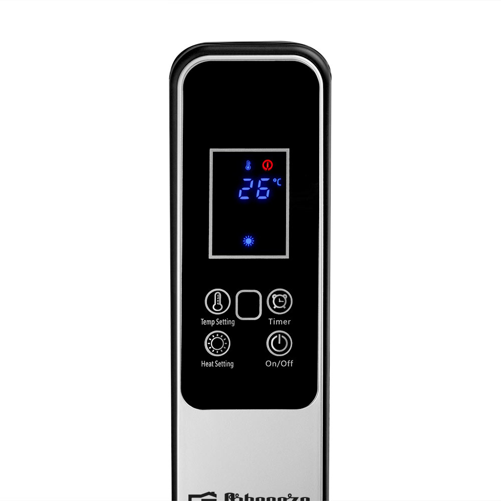 Zbliżenie panelu sterowania na czarnej grzałce, pokazujące temperaturę i ustawienia. Białe tło.