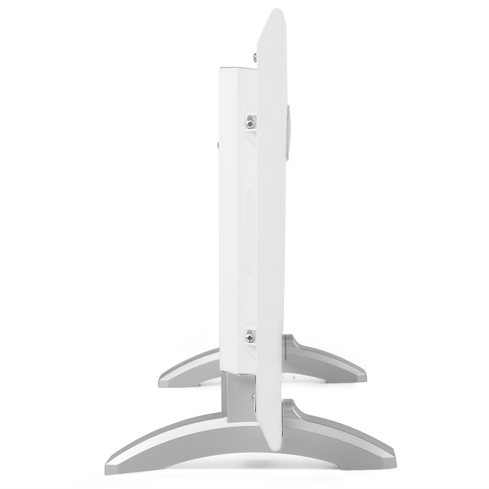 Biały grzejnik elektryczny, widok z boku, stojący na szarej podstawie, na białym tle.